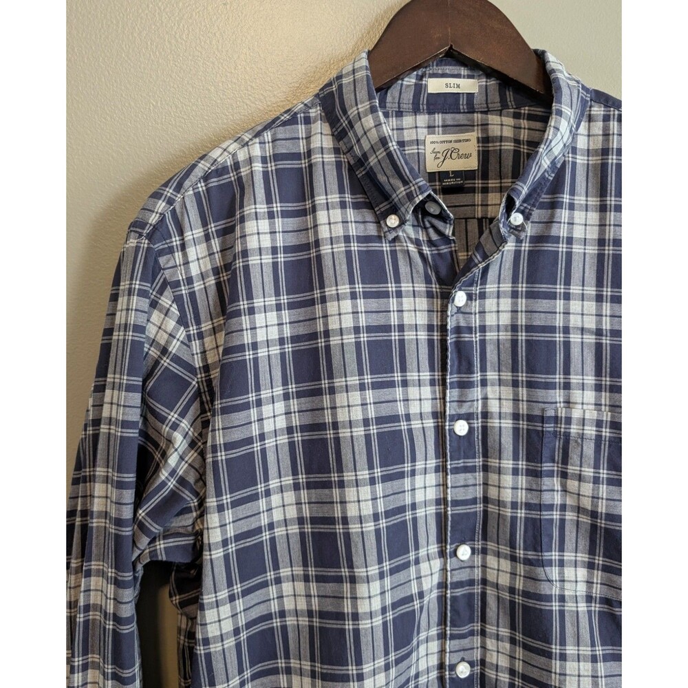 J.Crew Dress Shirt Mens Large Slim Fit Blue Gray Plaid Check Button Down L LS